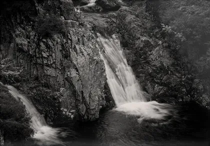 Easedale Tarn Waterfall, a black and white photograph from around the UK