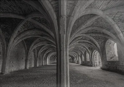 Fountains Abbey, a black and white photograph from around the UK