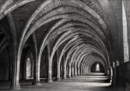 Fountains Abbey Arches, a black and white photograph from around the UK