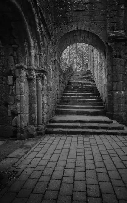 Fountains Abbey Steps, a black and white photograph from around the UK