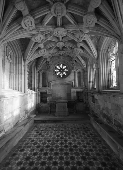Inside Tynemouth Chapel, a black and white photograph from the North East