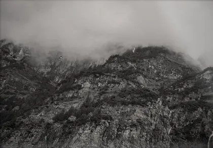 Lauterbrunnen Valley Paragliders, a black and white photograph from Switzerland
