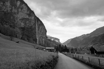 Lauterbrunnen Valley Path, a black and white photograph from Switzerland