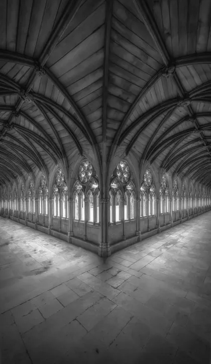 Lincoln Cathedral Cloisters, a black and white photograph from around the UK