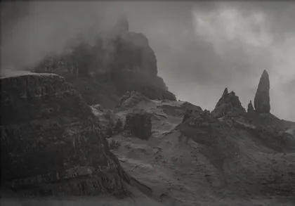 Old Man of Storr, a black and white photograph from around the UK