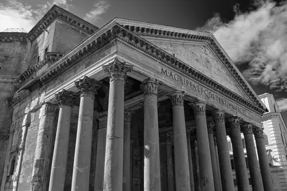 Pantheon Looking Up, a black and white photograph from Italy
