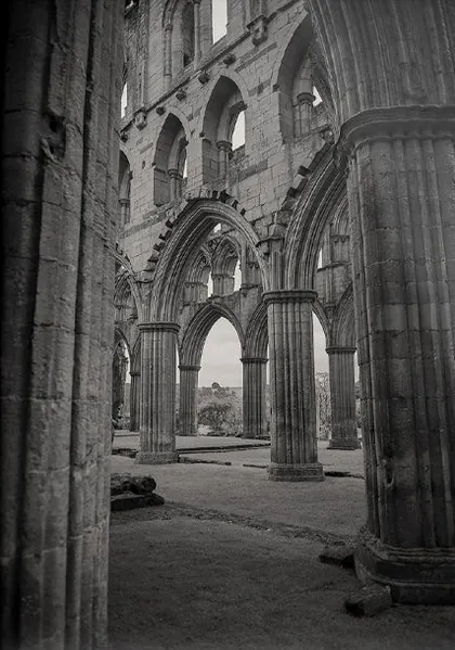Rievaulx Abbey Arches, a black and white photograph from around the UK