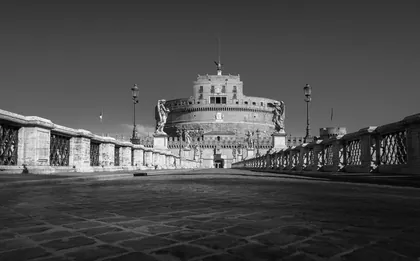 Sant'Angelo Bridge Rome, a black and white photograph from Italy