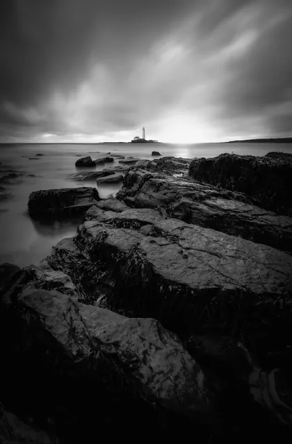 St Mary's Lighthouse Glowing, a black and white photograph from the North East
