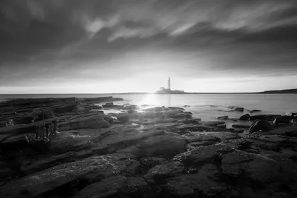 St Mary's Lighthouse Sunrise, a black and white photograph from the North East