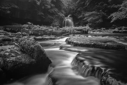 West Burton Falls, a black and white photograph from around the UK